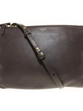 Celine Trio Large Shoulder Bag Pochette Crossbody Leather Pouch Brown Aa